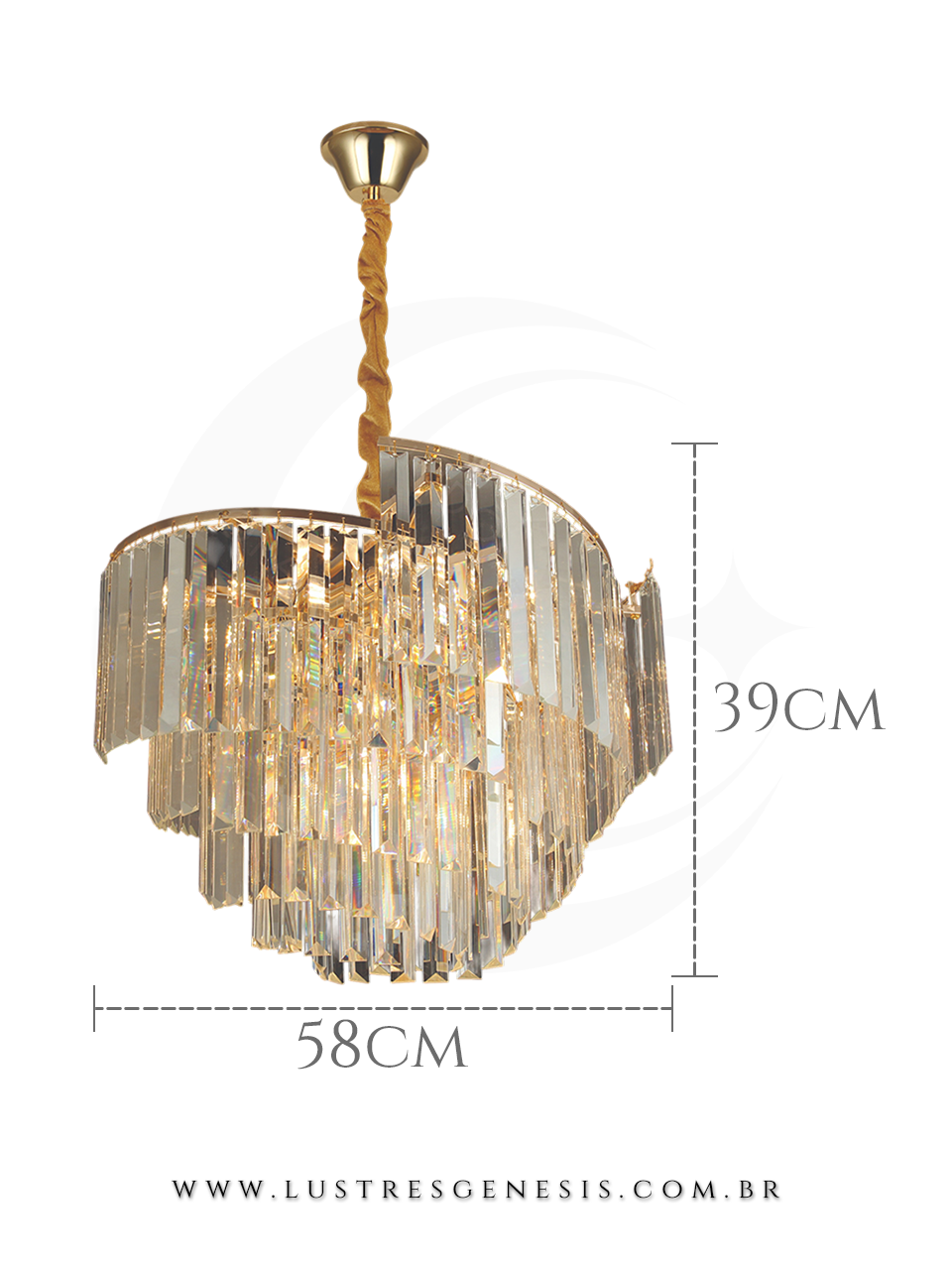 Lustre Moderno de Cristal Dourado 60x39cm Redondo, Sala de Jantar, Mesa Sala de Jantar, Sala de Estar, Quarto Casal, Suite Master